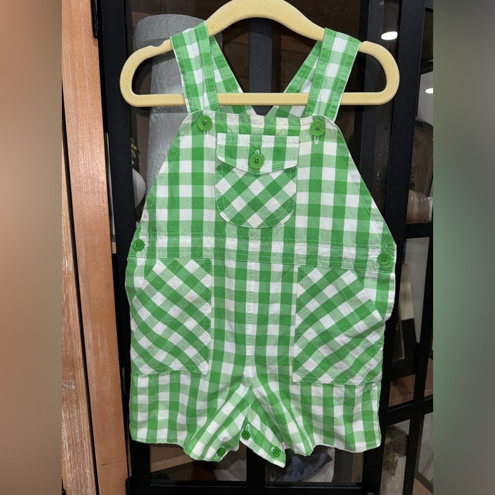 Strasburg jon jon romper overalls baby boy toddler gingham print kelly green